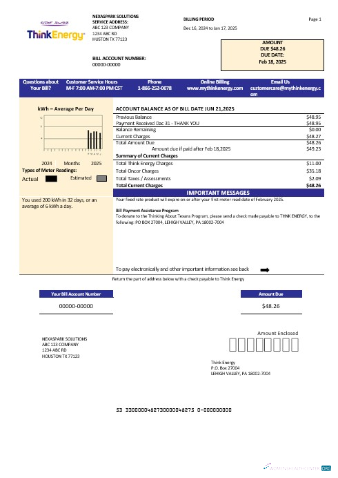 Download USA Think Energy business utility bill template in Word and PDF formats Photoshop template